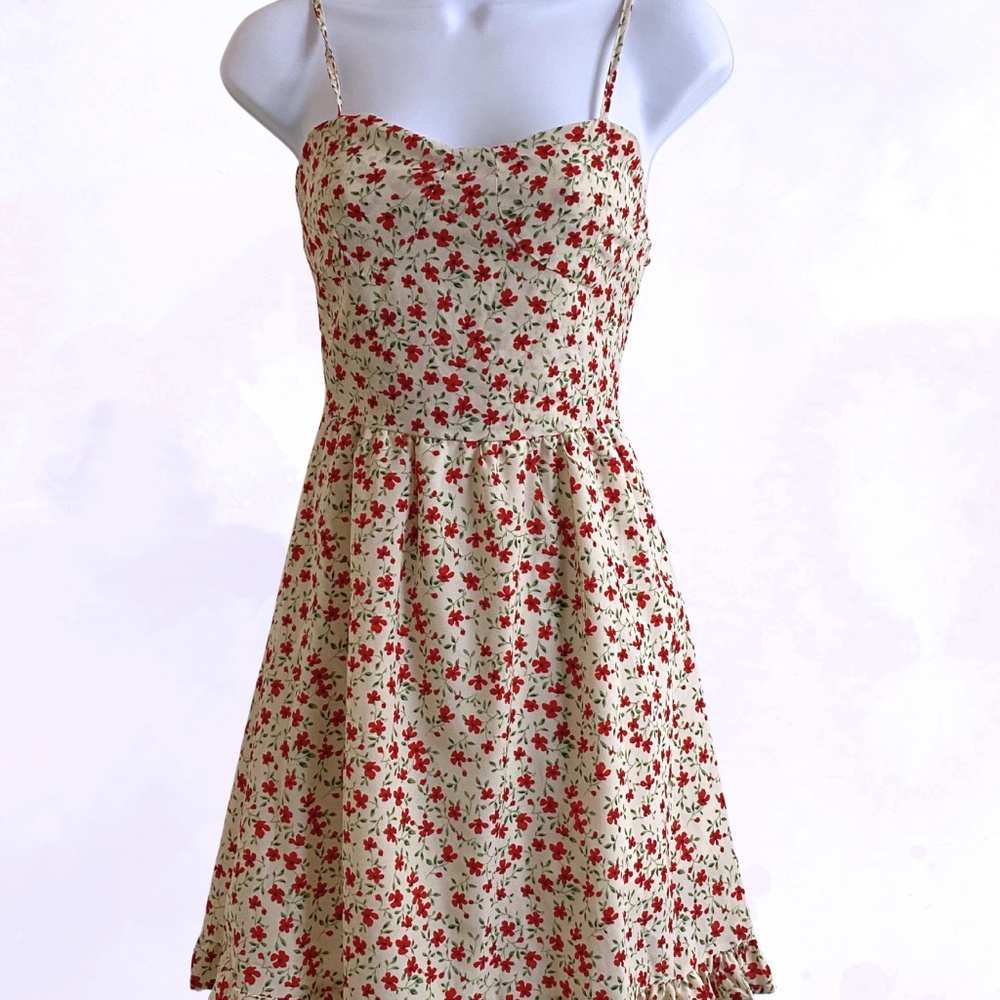 Floral Cream Sundress with Red Flowers